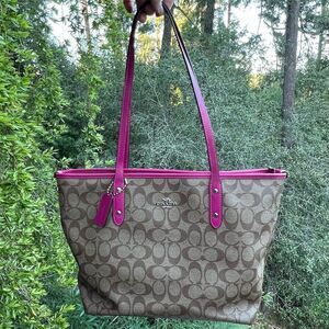 COACH Shoulder Bag City Zip Tote Bag Brown/Pink w Silver Hardware AUTHENTIC